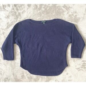 Lauren Ralph Lauren Women's XL Blue Cotton Knit 3/4 Sleeve Sweater Boxy Nautical